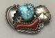 Vintage Navajo. 925 Sterling Silver Turquoise & Red Coral Native American Pin