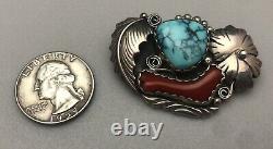 Vintage Navajo. 925 Sterling Silver Turquoise & Red Coral Native American Pin
