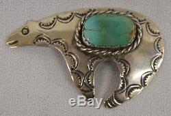 Vintage Navajo Albert Cleveland Sterling Silver Stamped Turquoise Bear Brooch FS
