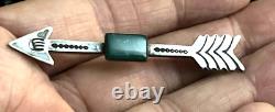 Vintage Navajo Arrow Stamped Silver Brooch Pin Fred Harvey Era Green Tourquoise