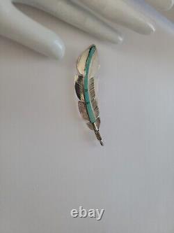 Vintage Navajo Ben Livingston Sterling Inlaid Turquoise Feather Pin