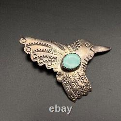 Vintage Navajo Burnside Turquoise Hummingbird Bird Stamped Silver Brooch Pin