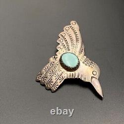 Vintage Navajo Burnside Turquoise Hummingbird Bird Stamped Silver Brooch Pin