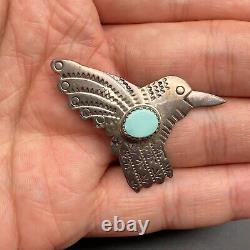 Vintage Navajo Burnside Turquoise Hummingbird Bird Stamped Silver Brooch Pin