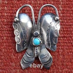 Vintage Navajo Butterfly Pin Brooch Turquoise Sterling Silver Handmade C1940s