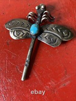 Vintage Navajo Dragonfly Turquoise Hand Stamped Sterling Silver Pin Brooch