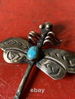 Vintage Navajo Dragonfly Turquoise Hand Stamped Sterling Silver Pin Brooch