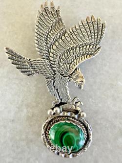 Vintage Navajo Fred Charley Sterling Silver Eagle & Malachite Pendant Pin 21g