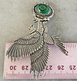 Vintage Navajo Fred Charley Sterling Silver Eagle & Malachite Pendant Pin 21g