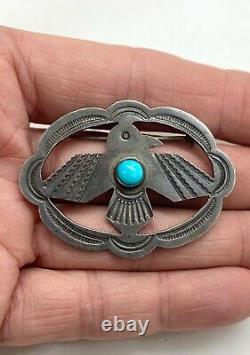 Vintage Navajo Fred Harvey Era Sterling Silver Turquoise Thunderbird Pin Brooch