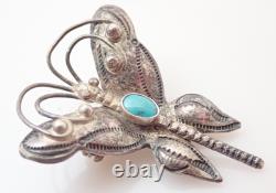 Vintage Navajo Fred Harvey Era Turquoise Butterfly Sterling Brooch