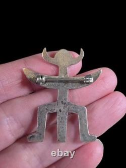 Vintage Navajo Guild Style Tufa Cast Horned Yei Deity Sterling Silver Brooch Pin