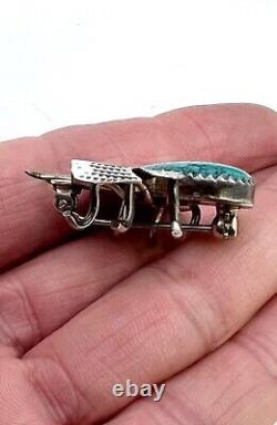 Vintage Navajo Handmade Sterling Silver Natural Turquoise Insect Bug Brooch Pin