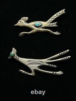 Vintage Navajo Handmade Turquoise Sterling Sandcast Roadrunner Pins- Set of 2