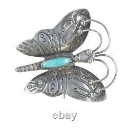 Vintage Navajo Heavy stamped sterling silver butterfly pin with turquoise