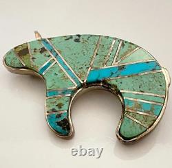 Vintage Navajo Indian 2 Sterling Silver Turquoise Inlay Bear Pin 925 Brooch