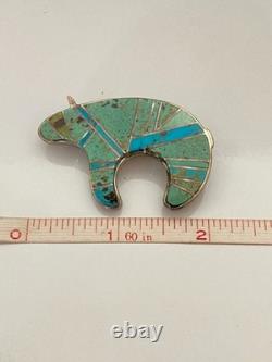 Vintage Navajo Indian 2 Sterling Silver Turquoise Inlay Bear Pin 925 Brooch