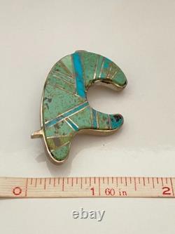 Vintage Navajo Indian 2 Sterling Silver Turquoise Inlay Bear Pin 925 Brooch