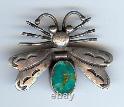 Vintage Navajo Indian Silver Blue Gem Turquoise Fly Bug Insect Pin Brooch