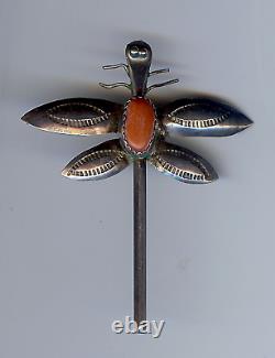 Vintage Navajo Indian Silver Coral Dragonfly Pin Brooch