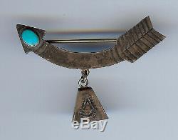 Vintage Navajo Indian Silver Turquoise Curved Arrow & Dangle Bell Pin Brooch