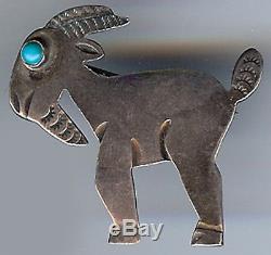 Vintage Navajo Indian Silver Turquoise Eye Billy Goat Pin