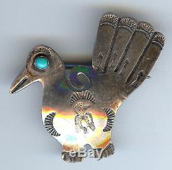 Vintage Navajo Indian Silver Turquoise Eye Turkey With Stamped Thunderbird Pin