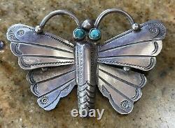 Vintage Navajo Indian Silver & Turquoise Intricate Stampwork Butterfly Pin