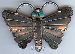 Vintage Navajo Indian Silver & Turquoise Intricate Stampwork Butterfly Pin