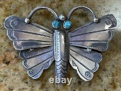 Vintage Navajo Indian Silver & Turquoise Intricate Stampwork Butterfly Pin