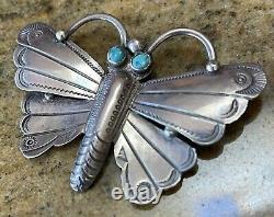 Vintage Navajo Indian Silver & Turquoise Intricate Stampwork Butterfly Pin