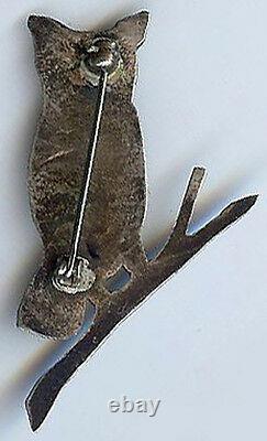 Vintage Navajo Indian Silver Turquoise Owl On Branch Pin Brooch