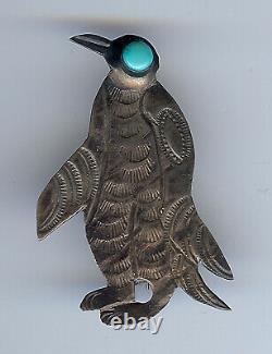 Vintage Navajo Indian Silver Turquoise Penguin Pin Brooch