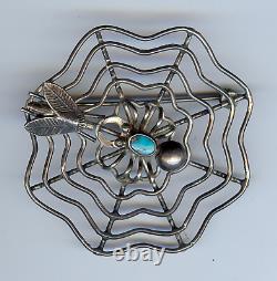 Vintage Navajo Indian Silver & Turquoise Spider & Fly On Web Pin Brooch