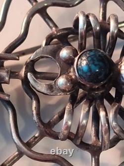 Vintage Navajo Indian Silver & Turquoise Spider & Fly On Web Pin Brooch