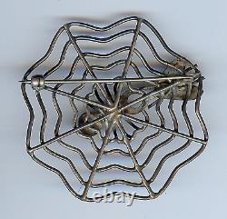 Vintage Navajo Indian Silver & Turquoise Spider & Fly On Web Pin Brooch