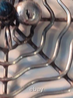 Vintage Navajo Indian Silver & Turquoise Spider & Fly On Web Pin Brooch