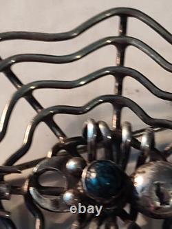 Vintage Navajo Indian Silver & Turquoise Spider & Fly On Web Pin Brooch