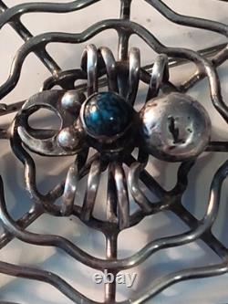 Vintage Navajo Indian Silver & Turquoise Spider & Fly On Web Pin Brooch