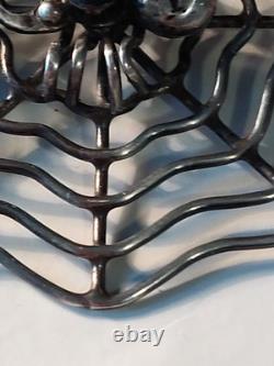 Vintage Navajo Indian Silver & Turquoise Spider & Fly On Web Pin Brooch