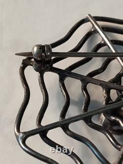 Vintage Navajo Indian Silver & Turquoise Spider & Fly On Web Pin Brooch