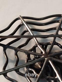 Vintage Navajo Indian Silver & Turquoise Spider & Fly On Web Pin Brooch