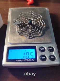 Vintage Navajo Indian Silver & Turquoise Spider & Fly On Web Pin Brooch