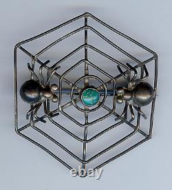 Vintage Navajo Indian Silver & Turquoise Spiders On Web Pin Brooch