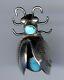 Vintage Navajo Indian Stamped Wings Silver & Turquoise 3d Flying Bug Pin Brooch