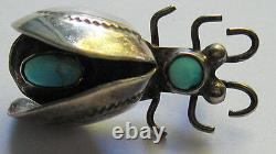 Vintage Navajo Indian Stamped Wings Silver & Turquoise 3d Flying Bug Pin Brooch