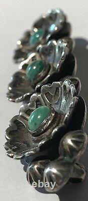 Vintage Navajo Indian Sterling Silver & Green Turquoise Flowers Bar Pin Brooch
