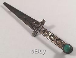 Vintage Navajo Indian Sterling Silver Sword Stampwork Turquoise Pin Brooch