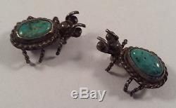 Vintage Navajo Indian Sterling Silver Turquoise Bug Pin Brooch Pair