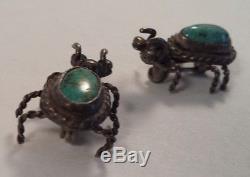 Vintage Navajo Indian Sterling Silver Turquoise Bug Pin Brooch Pair
